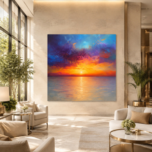 Tableau mural nature morte peint à la main, toile de paysage marin au coucher du soleil vibrant, paysage côtier coloré, tons neutres doux, pour salon, hôtel, bois - Product Image 2