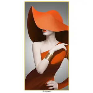 Modoporträts Kristallporzellan Gemälde von Frauen tragen Hüte in orange Goldschmuck Wanddruckrahmen Heimdekoration Luxus