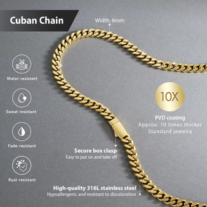 Cadena de Eslabones Cubanos Miami de Acero Inoxidable de 8mm, 5mm, 3mm, Chapada en Oro Real de 14K, Antideslustre, Estilo Hip Hop para Mujer - Product Image 5