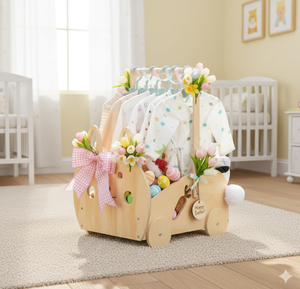 Cesta de Almacenamiento de Madera con Diseño de Conejo Neutral Personalizado para Baby Shower, Cesta de Regalo para Ropa de Bebé Recién Nacido con Ruedas - Product Image 1