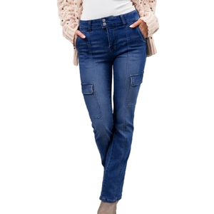 Pantalones de trabajo de mezclilla elásticos para mujer con doble botón en la cintura, múltiples bolsillos y bolsillos laterales con parche, a la moda - Product Image 1