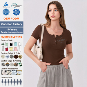 T-shirt décontracté côtelé en coton respirant à manches courtes et col en U boutonné, coupe ajustée taille haute pour <span class=keywords><strong>femme</strong></span>, nouvelle collection été 2026 - Product Image 1