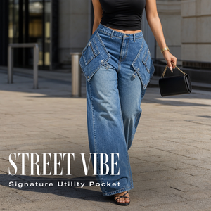 <span class=keywords><strong>Jeans</strong></span> a Vita Alta e Gamba Larga per Donna - Pantaloni in Denim Blu alla Moda con Grandi Tasche <span class=keywords><strong>Laterali</strong></span> Angolate - Stile Comodo e Oversize - Product Image 1
