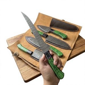 Ensemble de couteaux de cuisine en acier Damas, 5 pièces, manche en bois, lames droites, couteaux de chef, lame polie, ambidextres, haute qualité, 58-60HRC - Product Image 1