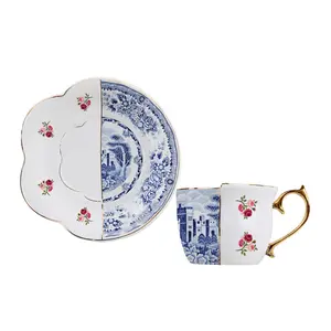HY nouvelle tasse à café en céramique de couleur bleu et blanc, style chinois exquis rétro lumière de luxe dessin or soucoupe seau bleu et blanc tasse en céramique