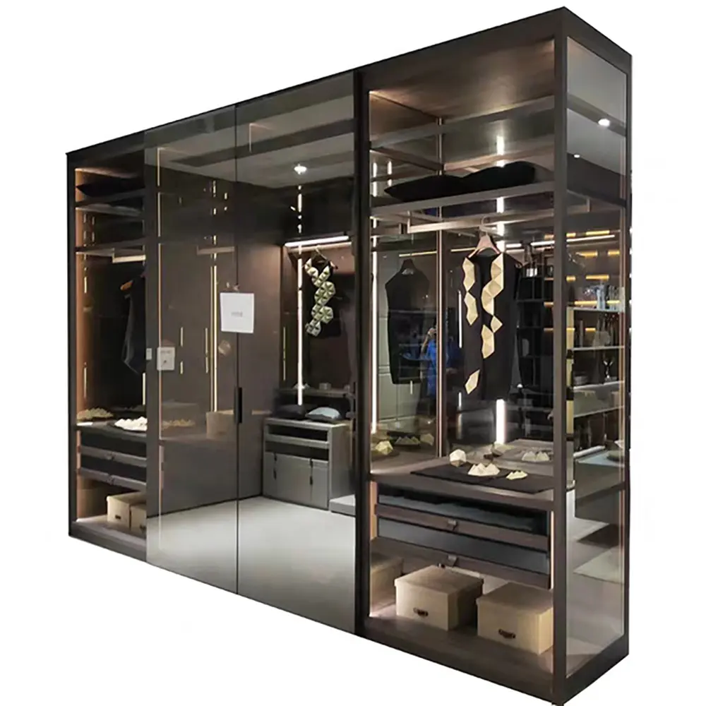 Cadre en aluminium étagère en verre suspendus vêtements Armoire en cuir couvert tiroir Armoire en verre Armoire avec lumière Led