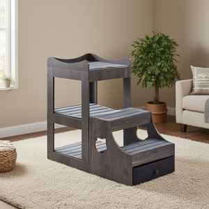 Lit superposé pour animaux de compagnie, petite taille, gris, imitation bois, rangement, meubles pour chiens et chats d'intérieur, design moderne, forme rectangulaire - Product Image 2