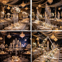 Candelabre de mariage en promotion, centre de table avec cadre en fer blanc et gouttes de cristal, support de bougies pour décoration de fête d'anniversaire
