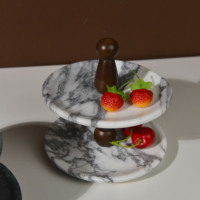 Natuurlijke marmeren witte serveerschaal met houten handvat, dubbele laag, fruit- en taartplateau, marmeren dessertplateau, decoratie voor thuis, keuken en feestjes, groothandel
