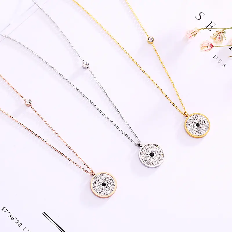 Hot Selling Round Zircon Clavicle Chain Delicate Round Stainless Steel Necklace Pendant Ladies Simple Design Jewelry