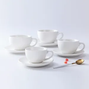 ShengJing Customized LOGO Ceramic White Cup and Saucer Set Porcelain Coffee Cup for Hotel Restaurant Cafe