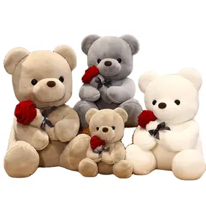 Penjualan pabrik Kawaii 35cm boneka beruang dengan mawar mainan mewah beruang bunga lembut hewan boneka hadiah Hari Valentine untuk kekasih
