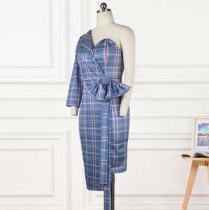 Sexy Chic Irrégulière Une Épaule <span class=keywords><strong>Plaid</strong></span> Noeud Papillon Dames Robes De Bal - Product Image 3