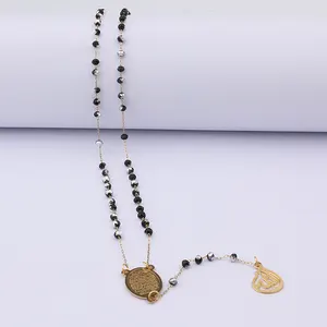 Stainless Steel Gold Plated Black Glass Beads Islam Pendant Necklace Chain