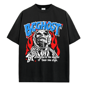BOGHOST T-shirt noir surdimensionné pour hommes avec motif de crâne, streetwear, manches courtes, jersey de coton imprimé, col rond - Product Image 1