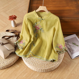 Yellow Cotton Linen Blouse Women Three Quarter Sleeve Embroidery Stand Collar Asymmetrical Placket Frog Button Top Everyday Wear - Product Image 1