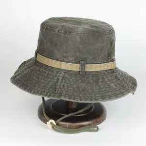 도매 주문 로고 Mens 세척된 면 끈 Foldable 물통 모자, 넓은 테두리 어업 Boonie 사파리 모자