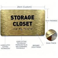 Plaque tactile en laiton brossé doré personnalisée conforme ADA avec impression UV pour hôtel, toilettes, bureau, immeuble