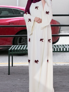 Robe abaya modeste et modeste pour femmes avec décor de nœud Manches évasées Coupe ample Taille unique Polyester Inspiré par le Moyen-Orient Robe de Dubaï - Product Image 5