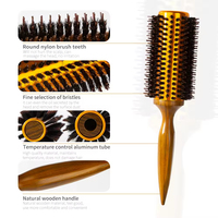 Brosse à cheveux ronde écologique avec manche en bois et corps métallique, résistante à la chaleur, en poils de sanglier naturels et nylon hybride