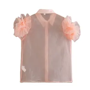 Turn down collar pink color front flower casual fashion tops for women