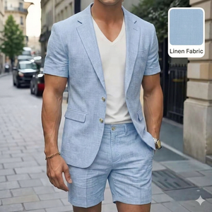 <span class=keywords><strong>Ensemble</strong></span> <span class=keywords><strong>Blazer</strong></span> et <span class=keywords><strong>Short</strong></span> d'été en Coton et Lin à Col Mandarin, Simple Boutonnage - Respirant, Antistatique, Grande Taille, Décontracté, pour Hommes d'Affaires - Product Image 1
