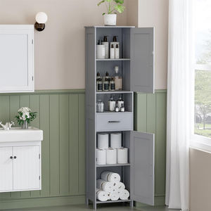 Armoire de rangement haute noire pour salle de bain avec portes coulissantes, meuble de rangement autoportant avec tiroir et compartiment ouvert pour petits espaces - Product Image 5
