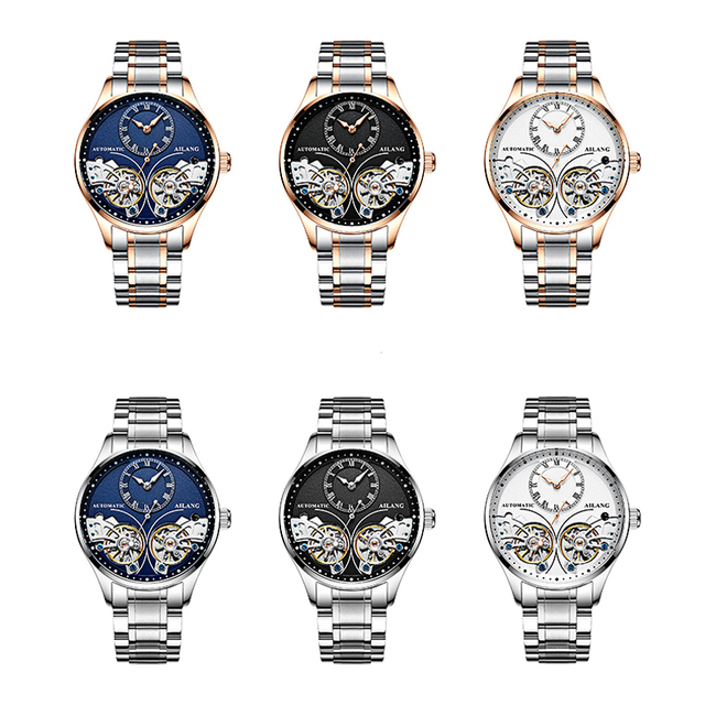 AILANG Brand New Fashion Double Tourbillon Men's Luxury Stainless Steel Waterproof Automatic Mechanical Watch 3Bar Water 40-44mm