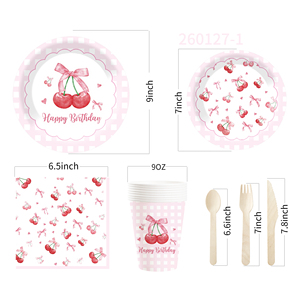 Ensemble de vaisselle sur le thème des fruits DAMAI avec motif cerise Comprend des assiettes en papier rondes, des gobelets, des serviettes Sert 8 personnes - Product Image 6