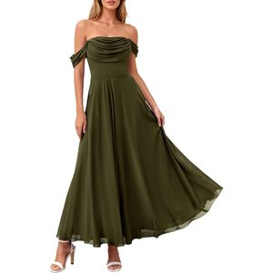 FOXA Robe longue en mousseline de soie pour femme, épaules dénudées, ligne A, élégante, pour cocktail, mariage, invitées - Product Image 1