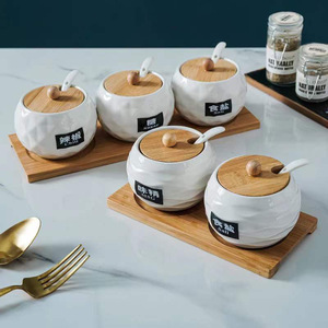Ceramic Condiment <b>Jars</b> With Wooden Lids 3 Tier Stand Stackable <b>Kitchen</b> <b>Storage</b> Set <b>For</b> Spices And Seasonings - Product Image 4