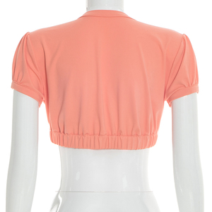 Viviblook Y26TP056 – Nouveau haut décontracté d'été pour femme, sexy, col en V, plissé, boutonné, court, à manches courtes, pour dames - Product Image 3