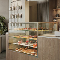 Design d'intérieur de café de style naturel, comptoir de café commercial en forme de L, comptoir à desserts en verre personnalisé, personnalisation