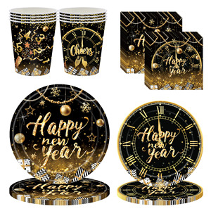 Décorations de fête du Nouvel An pour 24 invités, noir et or, <span class=keywords><strong>Hello</strong></span> 2027, ensemble de vaisselle jetable, serviettes, fournitures pour fête d'anniversaire - Product Image 5