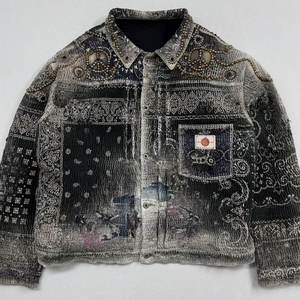 Veste en jean personnalisée à manches évasées, coupe courte, col rabattu, perles métalliques de <span class=keywords><strong>haute</strong></span> qualité, délavage acide, effet usé - Product Image 1