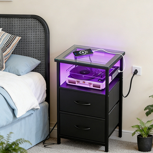 Glass Top Rectangular Fabric Black <strong>Side</strong> <strong>Table</strong> Hollow 2 <strong>Drawers</strong> With Socket LED Light 1PC - Product Image 4