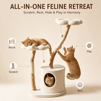 Arbre à chat en bois naturel avec plateformes nuage, branches en sisal et condo rond pour animaux de compagnie - Vente en gros