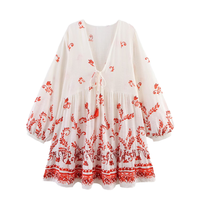 Robe d'été courte à imprimé floral à col en V pour femmes, manches longues, à lacets, style décontracté vintage, respirante, tissée, taille naturelle, vente flash