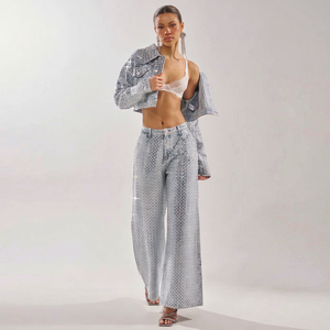 Women's <b>Sequined</b> Denim 2-Piece Set Loose Fit Geometric Print Wide Leg Pants With <b>Jacket</b> Casual All Seasons Style - Product Image 1