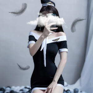 Sexy Tiefer V-Ausschnitt Schulterfreies Bodycon-Kleid Marineblau Stewardess-Stil Rock Damen Hochgeschnittenes Kleid - Product Image 1