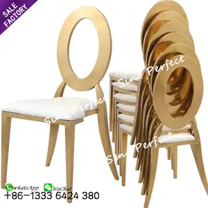 Оптовая продажа, стальные кожаные золотые свадебные обеденные стулья для приема в отеле