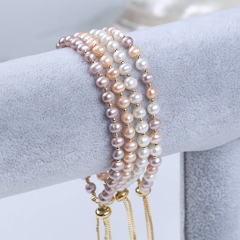 5-6mm Potato Shape Freshwater Pearl Beads Adjustable Bracelet