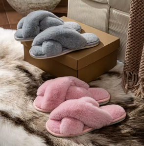 Women's plush <b>slippers</b>, crisscross straps, <b>memory</b> <b>foam</b> open-toe <b>slippers</b>, non-slip, suitable for both indoor and outdoor use. - Product Image 2
