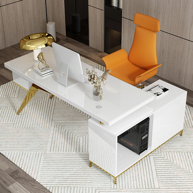 Modern High Glossy Workstation L Shaped Home Office Furniture Manager Table White Office Desk with stone top