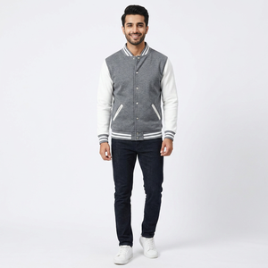 <b>Men's</b> 100% Cotton Stand Collar Varsity Jacket with Front Logo Custom College Style Letterman Baseball <b>Coat</b> - Product Image 1