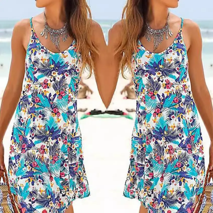 2024 New Women's V-neck Sling Short Skirt Bohemian Style Printed Beach Women's Dress