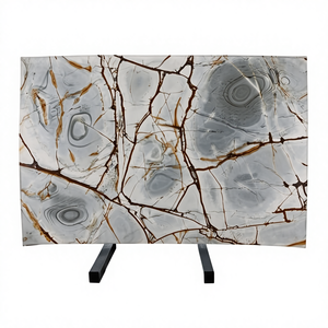 Dalles de marbre en pierre de granit de Patagonie de luxe moderne, veinées or blanc, calcite, transmission de la lumière chaude, polies, grande dalle graphique - Product Image 1