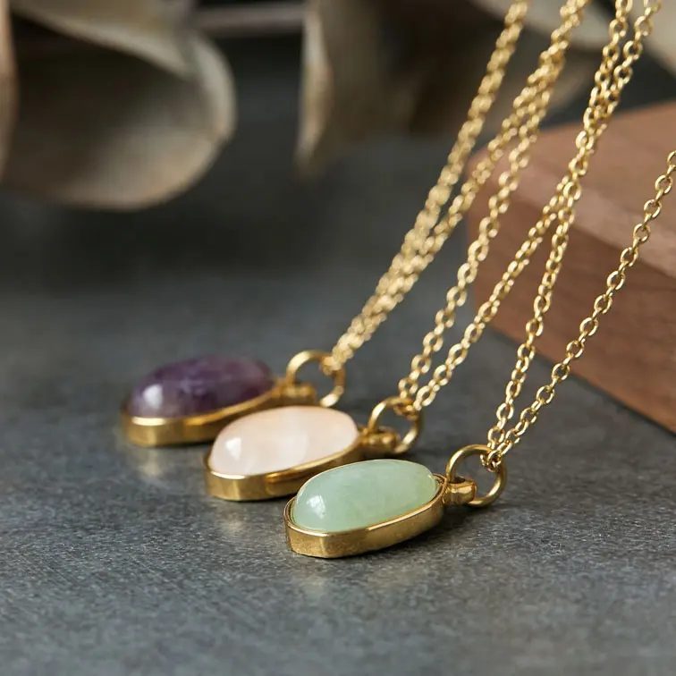 Irregular gemstone Green Aventurine natural stone pendant necklace 18k gold plated stainless steel chain necklace