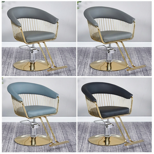 Chaise de coiffure capitonnée en cuir PU rose, base ronde dorée, pour femme - Vente chaude - Product Image 2