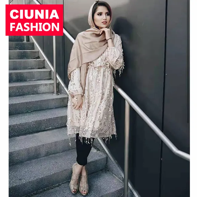 2243 # Maleisië Islamitische Populaire Fashion Elegant Shining Sequin Moslim Blouse Modest Maxi Jurk